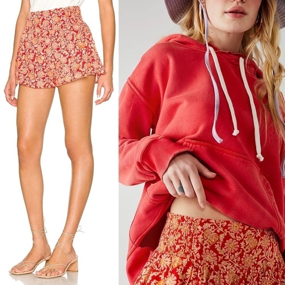 NWT FREE PEOPLE Red Retro Floral Smocked High Waist Billowy Cotton Shorts Sz XS - Picture 3 of 10